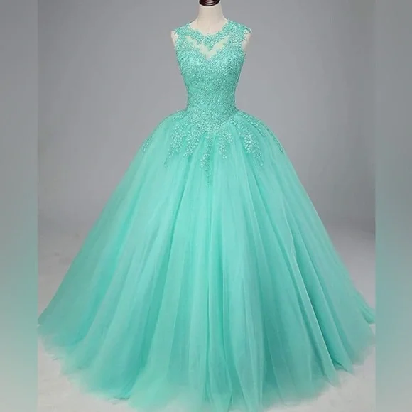 Women Tulle Prom Dress Long Appliques Beaded Quinceanera Dress Formal Ball Gown - Picture 2 of 10